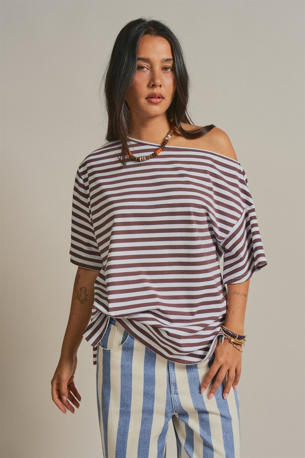 One Shoulder Short Sleeve Top in Brown Stripe - Women's Wholesale Fashion | Trend Notes