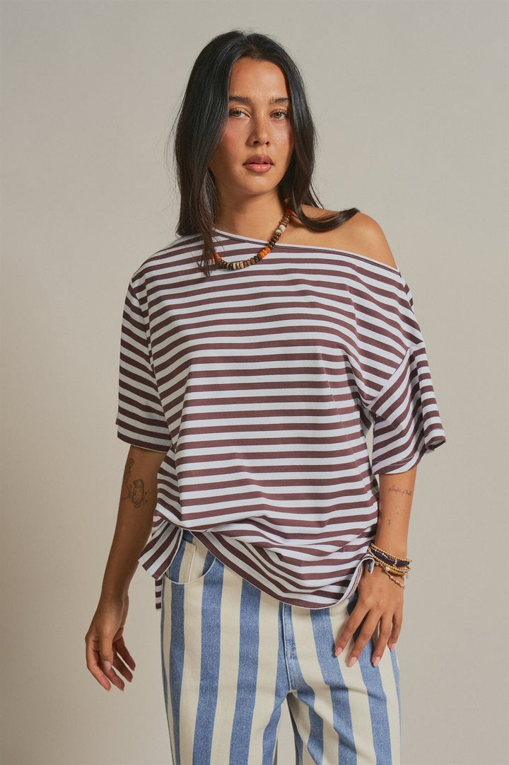 One Shoulder Short Sleeve Top in Brown Stripe - Women's Wholesale Fashion | Trend Notes