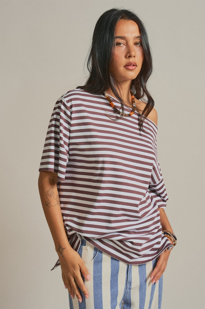 One Shoulder Short Sleeve Top in Brown Stripe - Women's Wholesale Fashion | Trend Notes