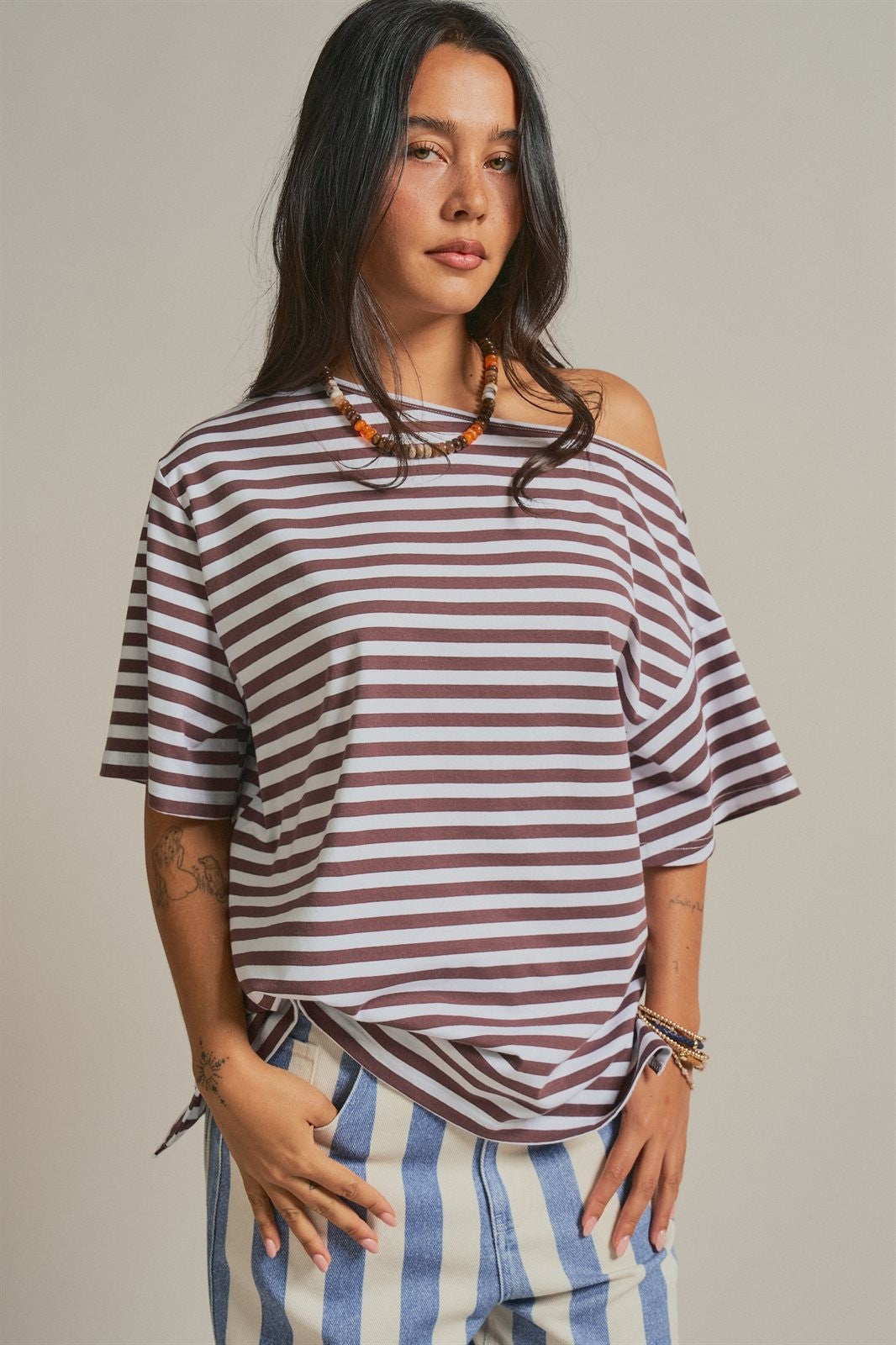 One Shoulder Short Sleeve Top in Brown Stripe - Women's Wholesale Fashion | Trend Notes