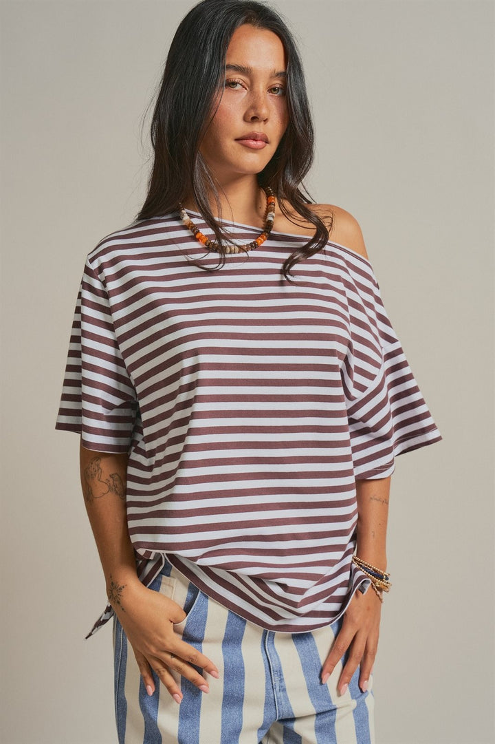 One Shoulder Short Sleeve Top in Brown Stripe - Women's Wholesale Fashion | Trend Notes