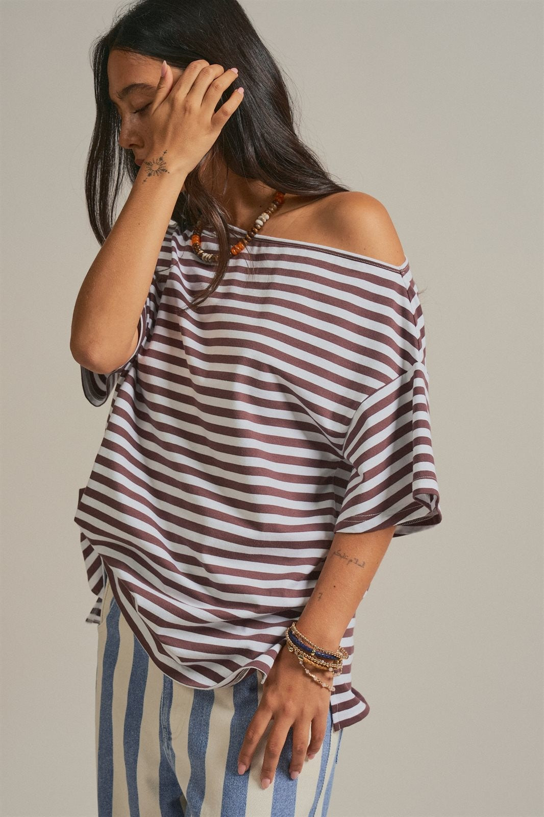 One Shoulder Short Sleeve Top in Brown Stripe - Women's Wholesale Fashion | Trend Notes