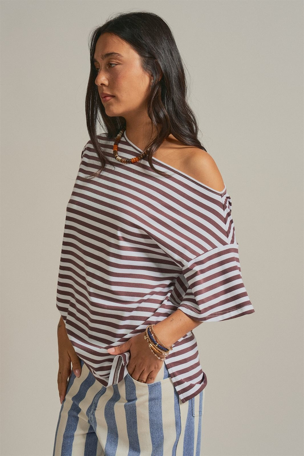 One Shoulder Short Sleeve Top in Brown Stripe - Women's Wholesale Fashion | Trend Notes