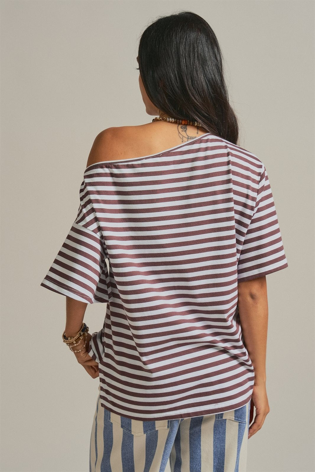 One Shoulder Short Sleeve Top in Brown Stripe - Women's Wholesale Fashion | Trend Notes