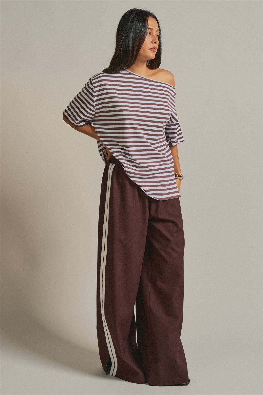 One Shoulder Short Sleeve Top in Brown Stripe - Women's Wholesale Fashion | Trend Notes