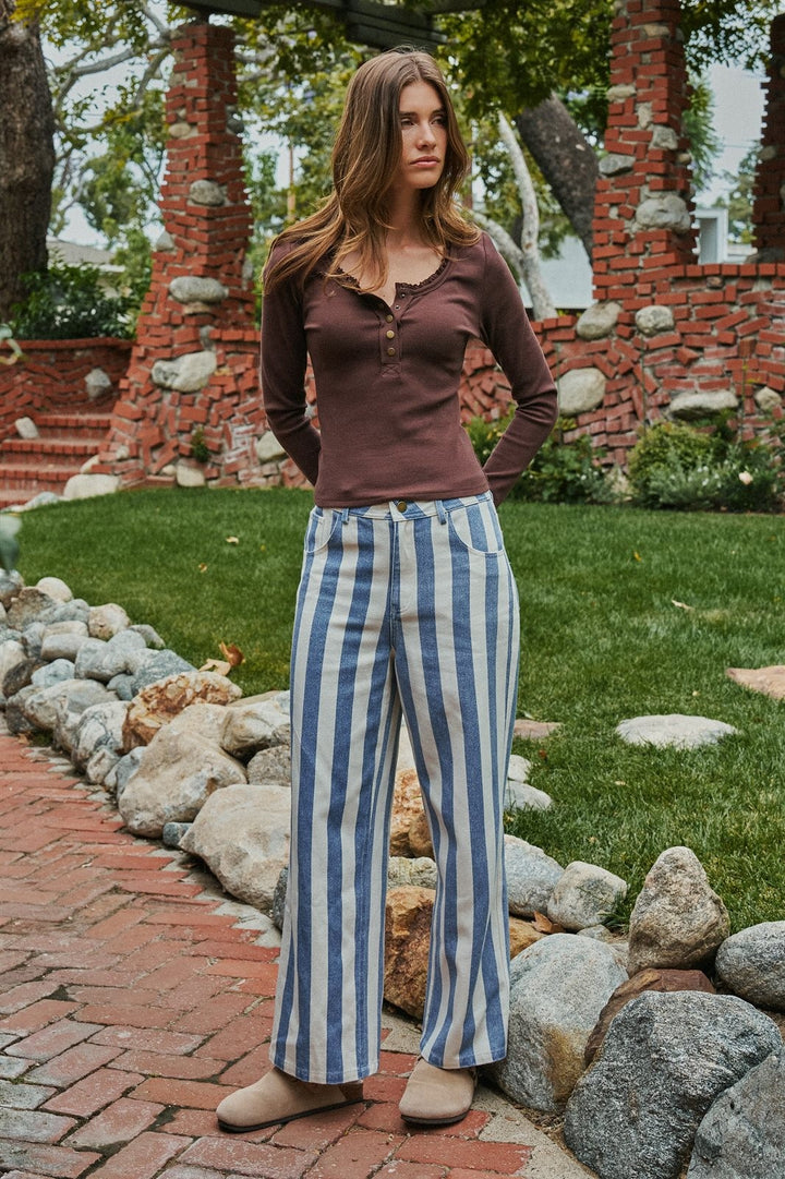 Ribbed Henley Top with Crochet Trim Neckline in Brown - Women's Wholesale T-Shirts & Polos | Trend Notes