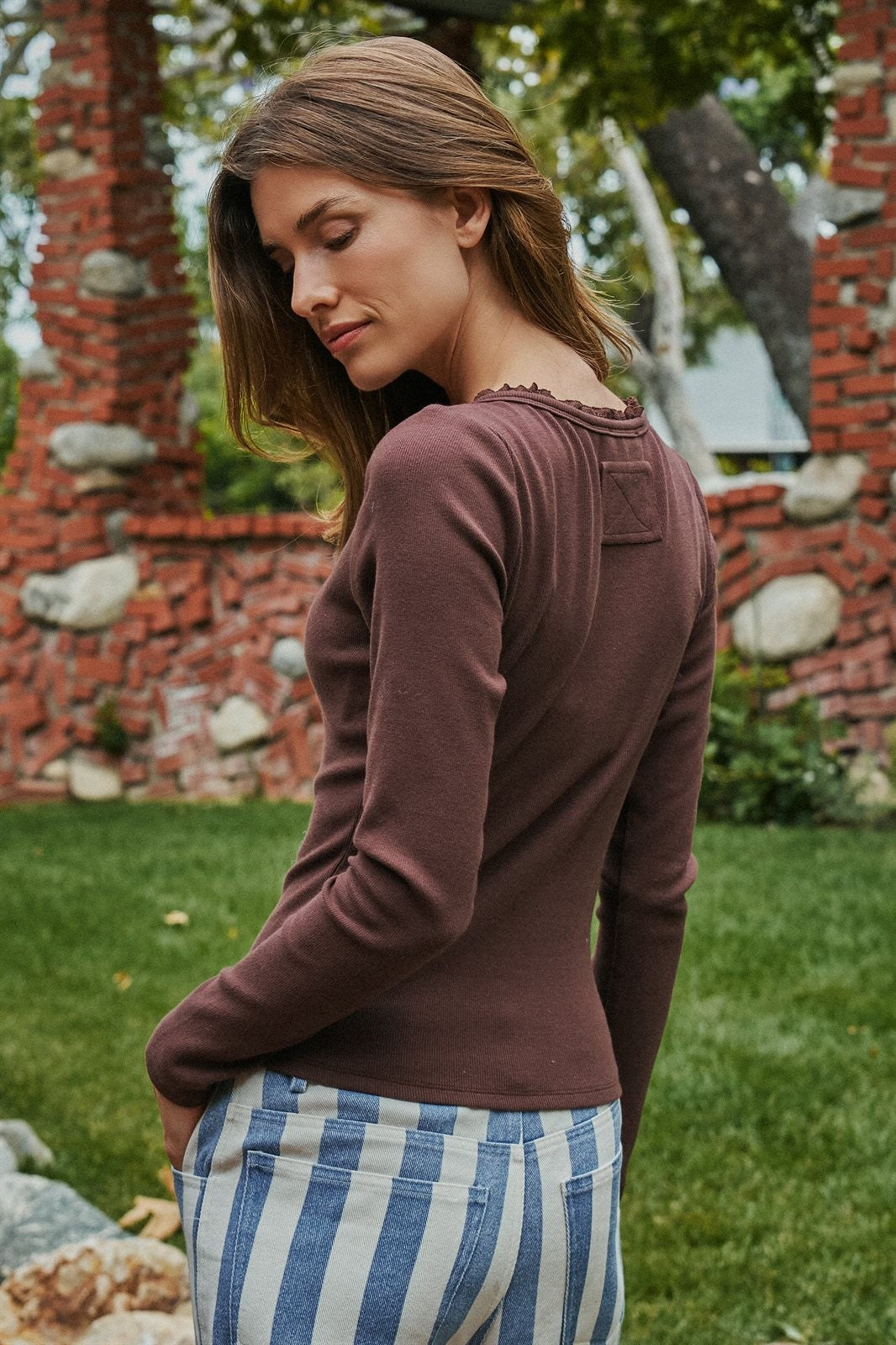 Ribbed Henley Top with Crochet Trim Neckline in Brown - Women's Wholesale T-Shirts & Polos | Trend Notes