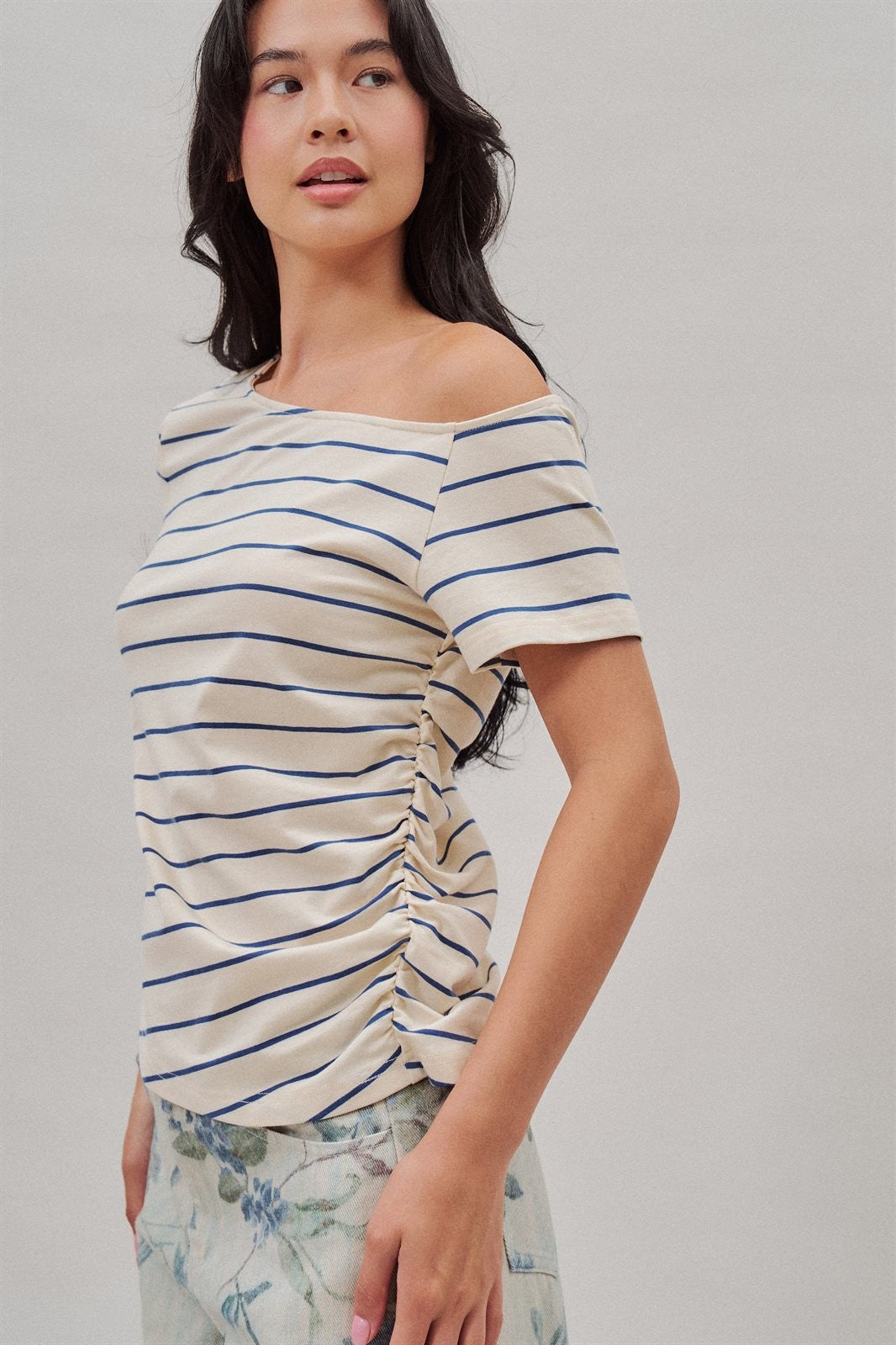 Striped Asymmetric Off Shoulder Ruched Side Cotton Tee in Ivory - Women's Wholesale T-Shirts & Polos | Trend Notes