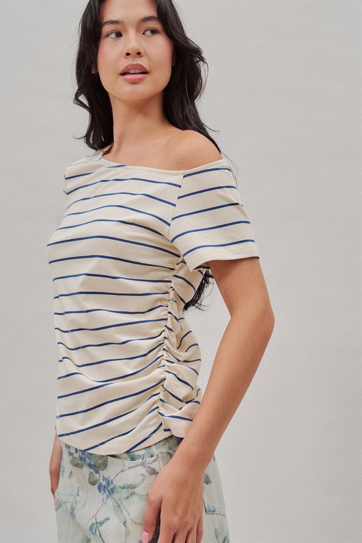 Striped Asymmetric Off Shoulder Ruched Side Cotton Tee in Ivory - Women's Wholesale T-Shirts & Polos | Trend Notes