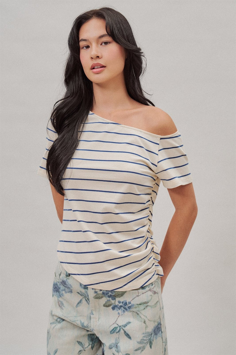Striped Asymmetric Off Shoulder Ruched Side Cotton Tee in Ivory - Women's Wholesale T-Shirts & Polos | Trend Notes