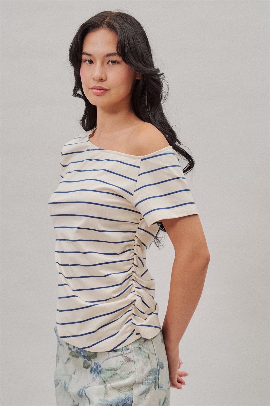 Striped Asymmetric Off Shoulder Ruched Side Cotton Tee in Ivory - Women's Wholesale T-Shirts & Polos | Trend Notes