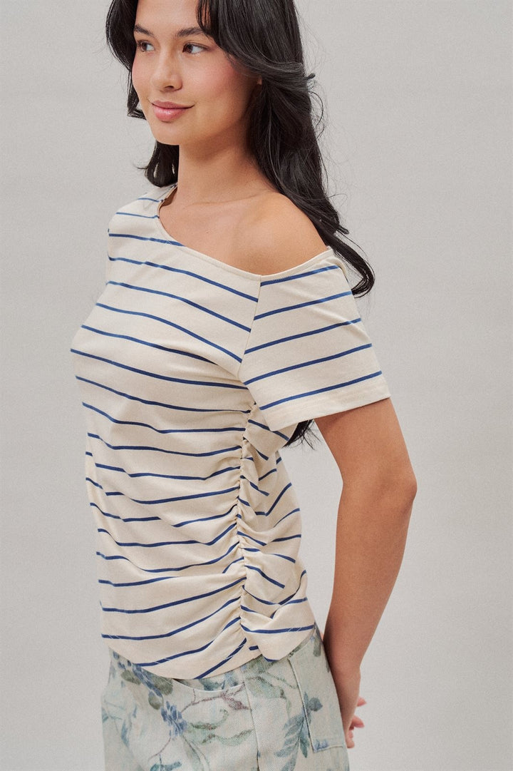 Striped Asymmetric Off Shoulder Ruched Side Cotton Tee in Ivory - Women's Wholesale T-Shirts & Polos | Trend Notes