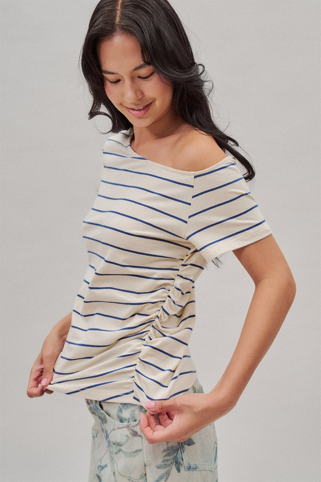 Striped Asymmetric Off Shoulder Ruched Side Cotton Tee in Ivory - Women's Wholesale T-Shirts & Polos | Trend Notes