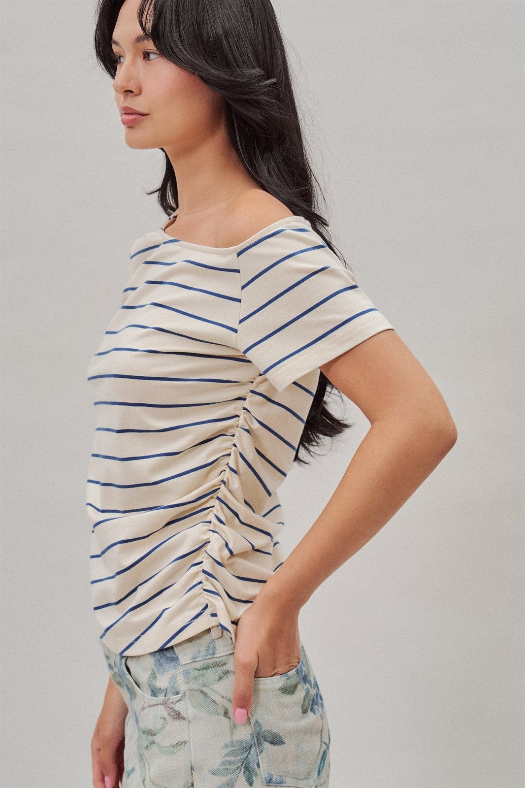 Striped Asymmetric Off Shoulder Ruched Side Cotton Tee in Ivory - Women's Wholesale T-Shirts & Polos | Trend Notes
