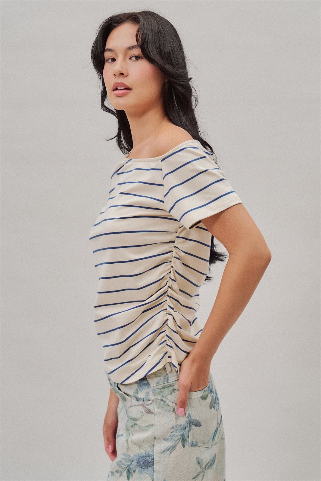 Striped Asymmetric Off Shoulder Ruched Side Cotton Tee in Ivory - Women's Wholesale T-Shirts & Polos | Trend Notes