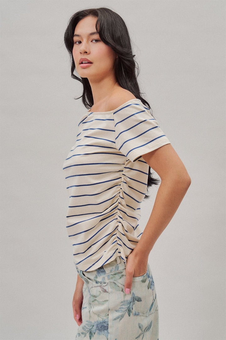 Striped Asymmetric Off Shoulder Ruched Side Cotton Tee in Ivory - Women's Wholesale T-Shirts & Polos | Trend Notes