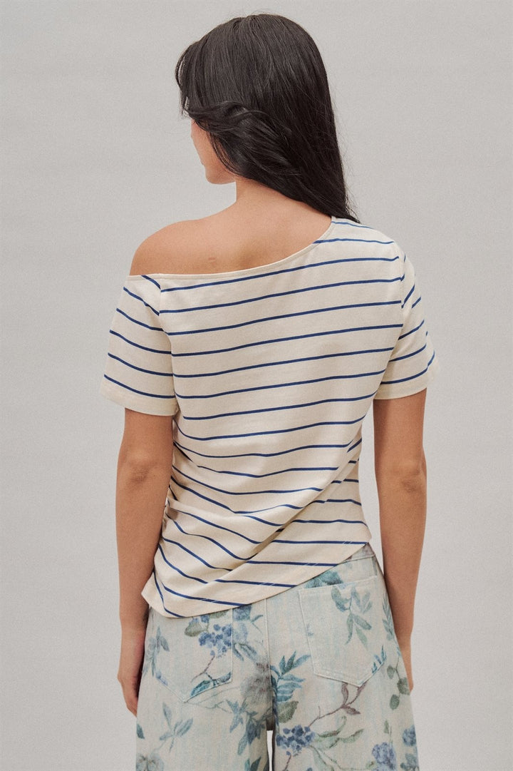 Striped Asymmetric Off Shoulder Ruched Side Cotton Tee in Ivory - Women's Wholesale T-Shirts & Polos | Trend Notes