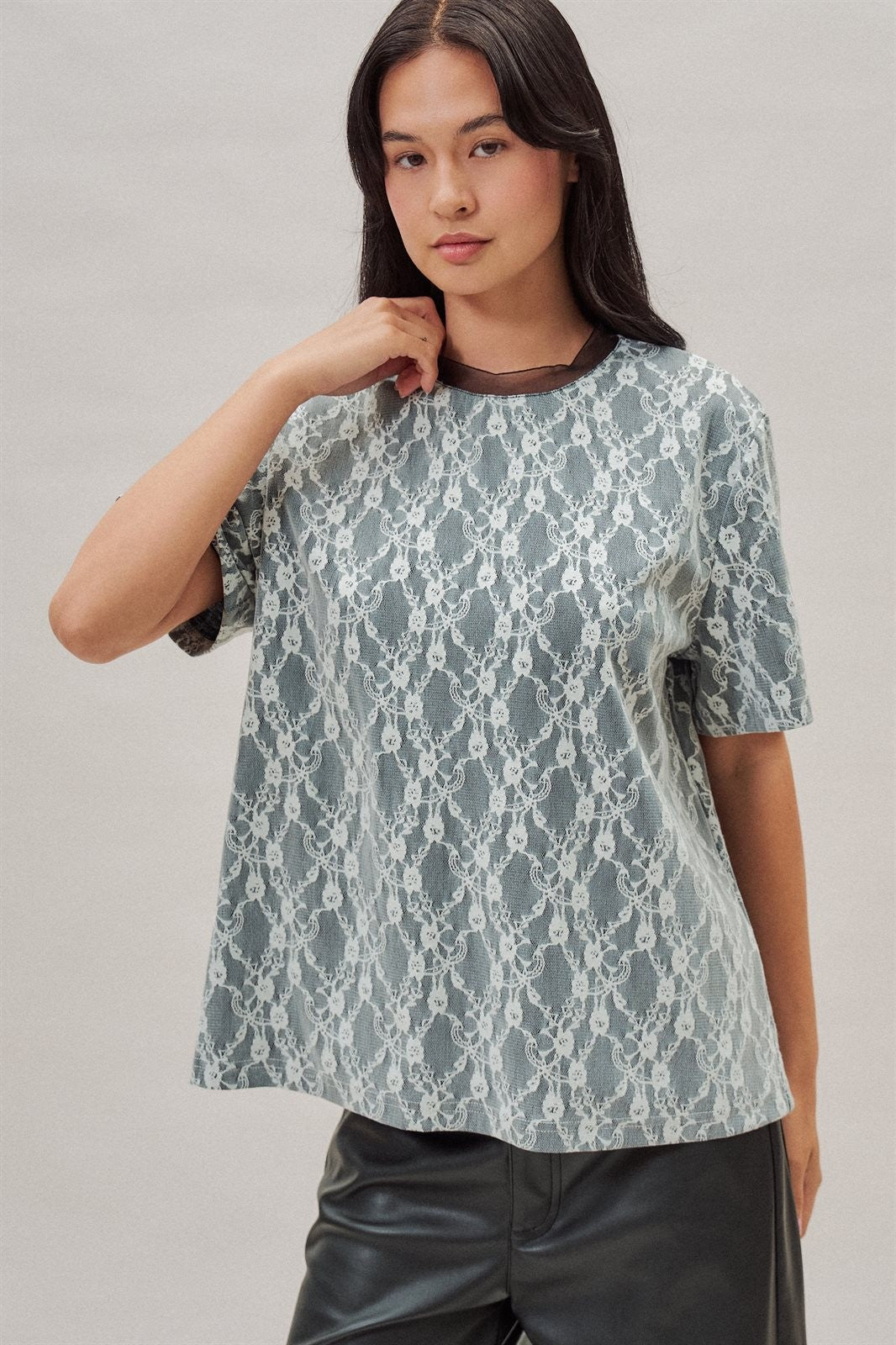 Floral Lace Overlay Boxy Tee with Contrast Mesh Neckline in Black - Women's Wholesale T-Shirts & Polos | Trend Notes