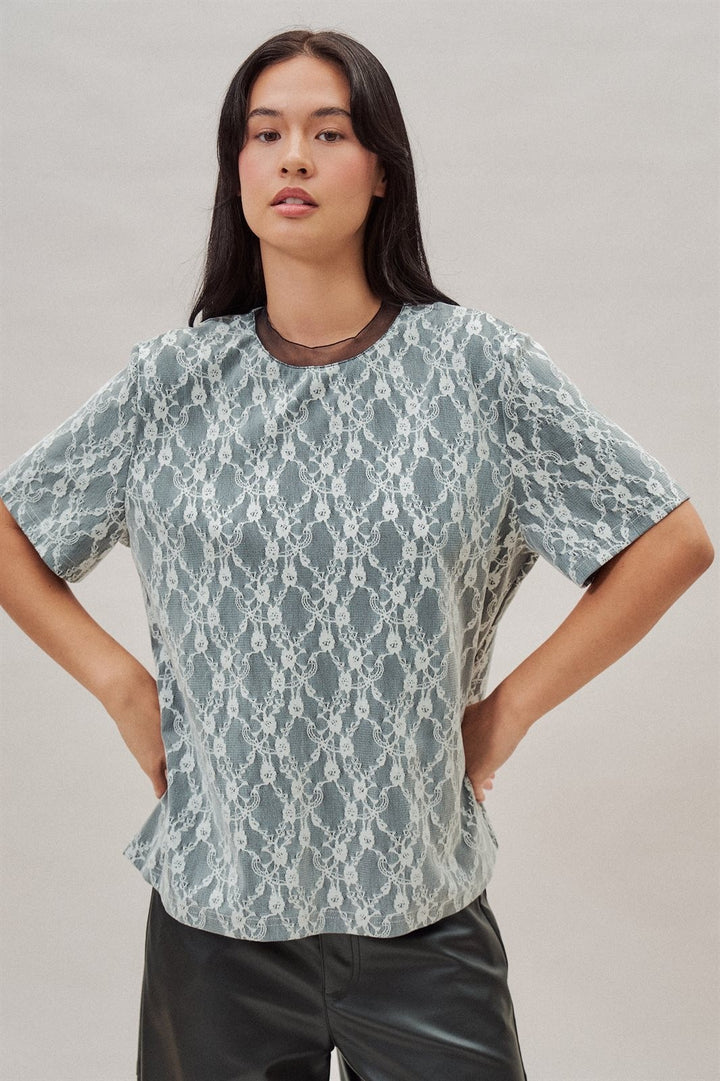 Floral Lace Overlay Boxy Tee with Contrast Mesh Neckline in Black - Women's Wholesale T-Shirts & Polos | Trend Notes