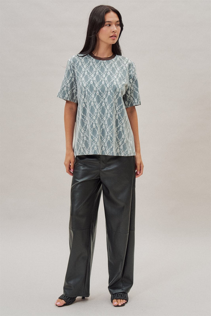 Floral Lace Overlay Boxy Tee with Contrast Mesh Neckline in Black - Women's Wholesale T-Shirts & Polos | Trend Notes