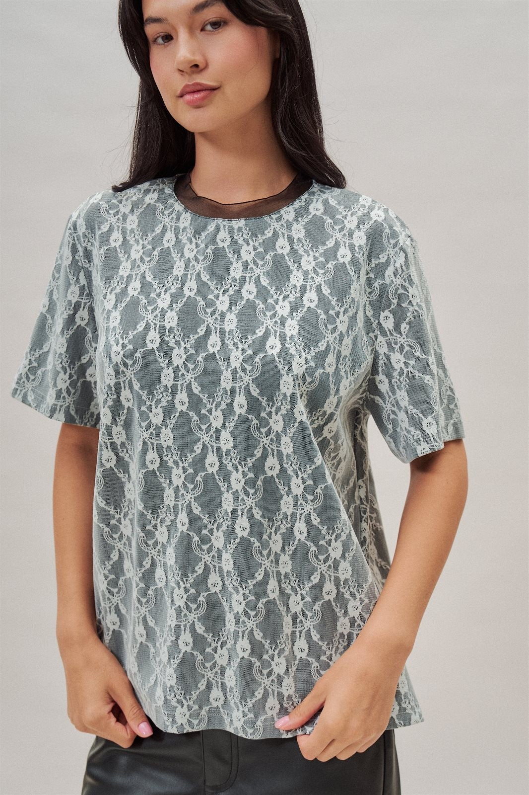 Floral Lace Overlay Boxy Tee with Contrast Mesh Neckline in Black - Women's Wholesale T-Shirts & Polos | Trend Notes