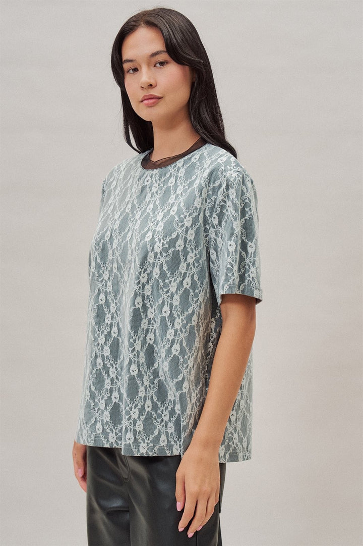 Floral Lace Overlay Boxy Tee with Contrast Mesh Neckline in Black - Women's Wholesale T-Shirts & Polos | Trend Notes
