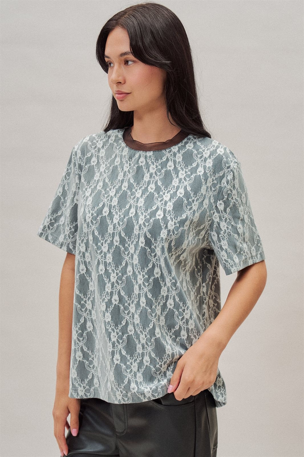 Floral Lace Overlay Boxy Tee with Contrast Mesh Neckline in Black - Women's Wholesale T-Shirts & Polos | Trend Notes