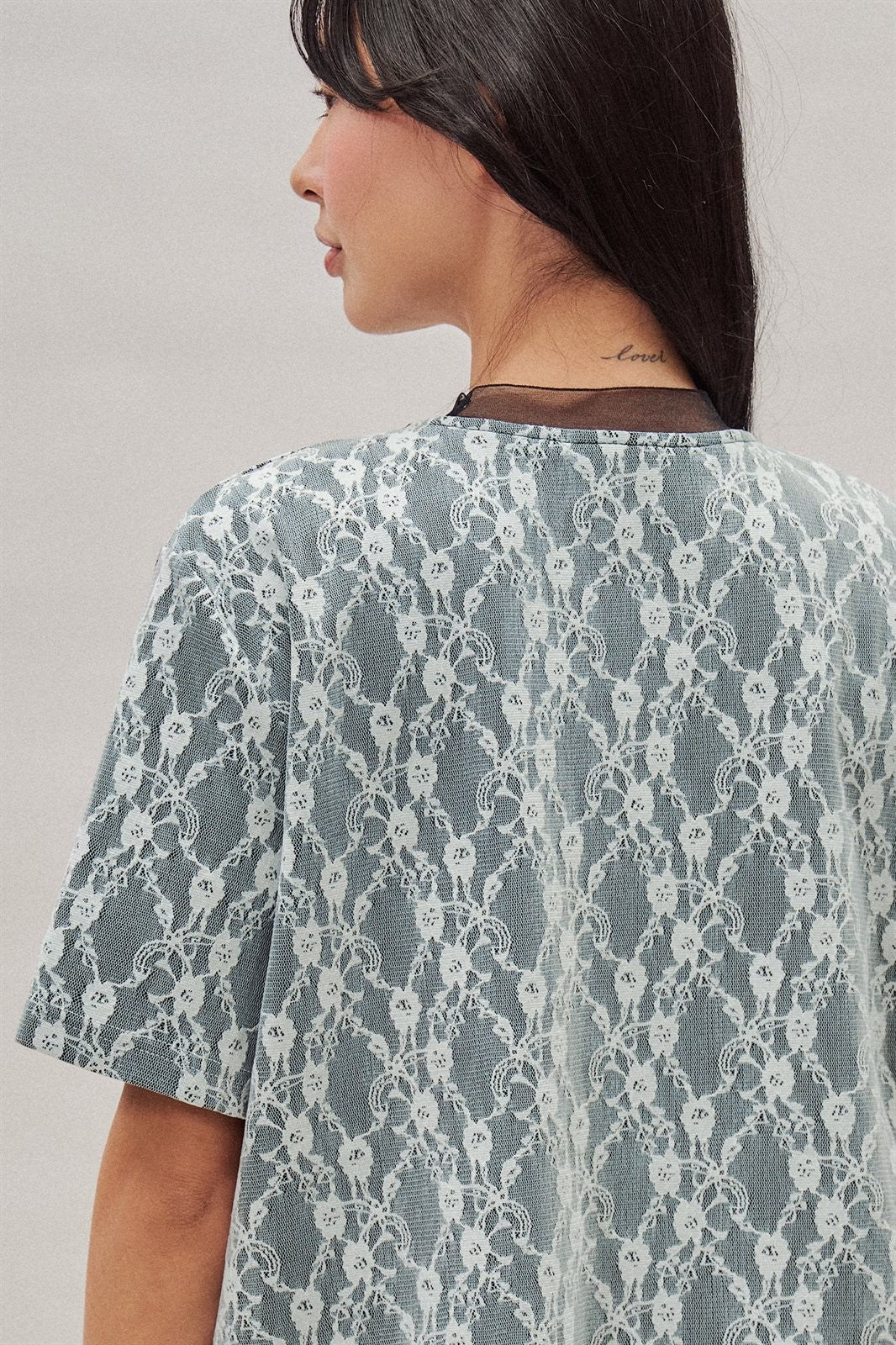 Floral Lace Overlay Boxy Tee with Contrast Mesh Neckline in Black - Women's Wholesale T-Shirts & Polos | Trend Notes