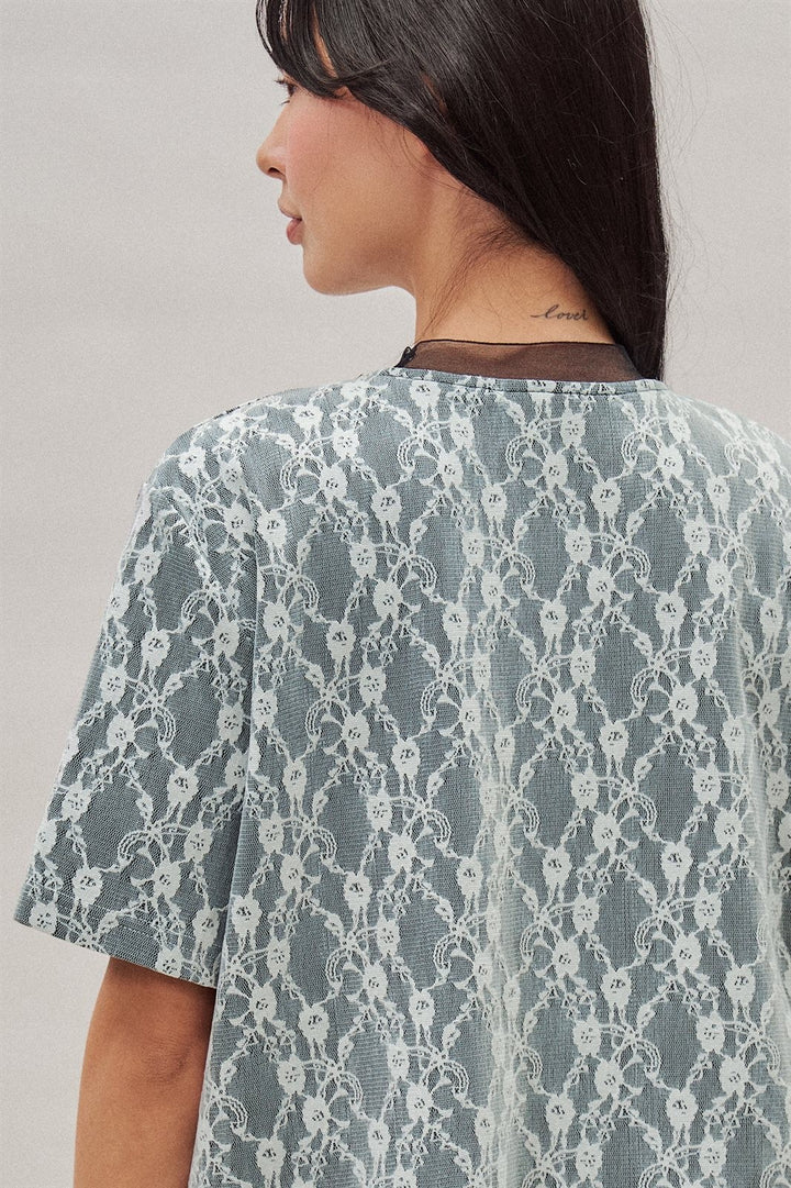 Floral Lace Overlay Boxy Tee with Contrast Mesh Neckline in Black - Women's Wholesale T-Shirts & Polos | Trend Notes