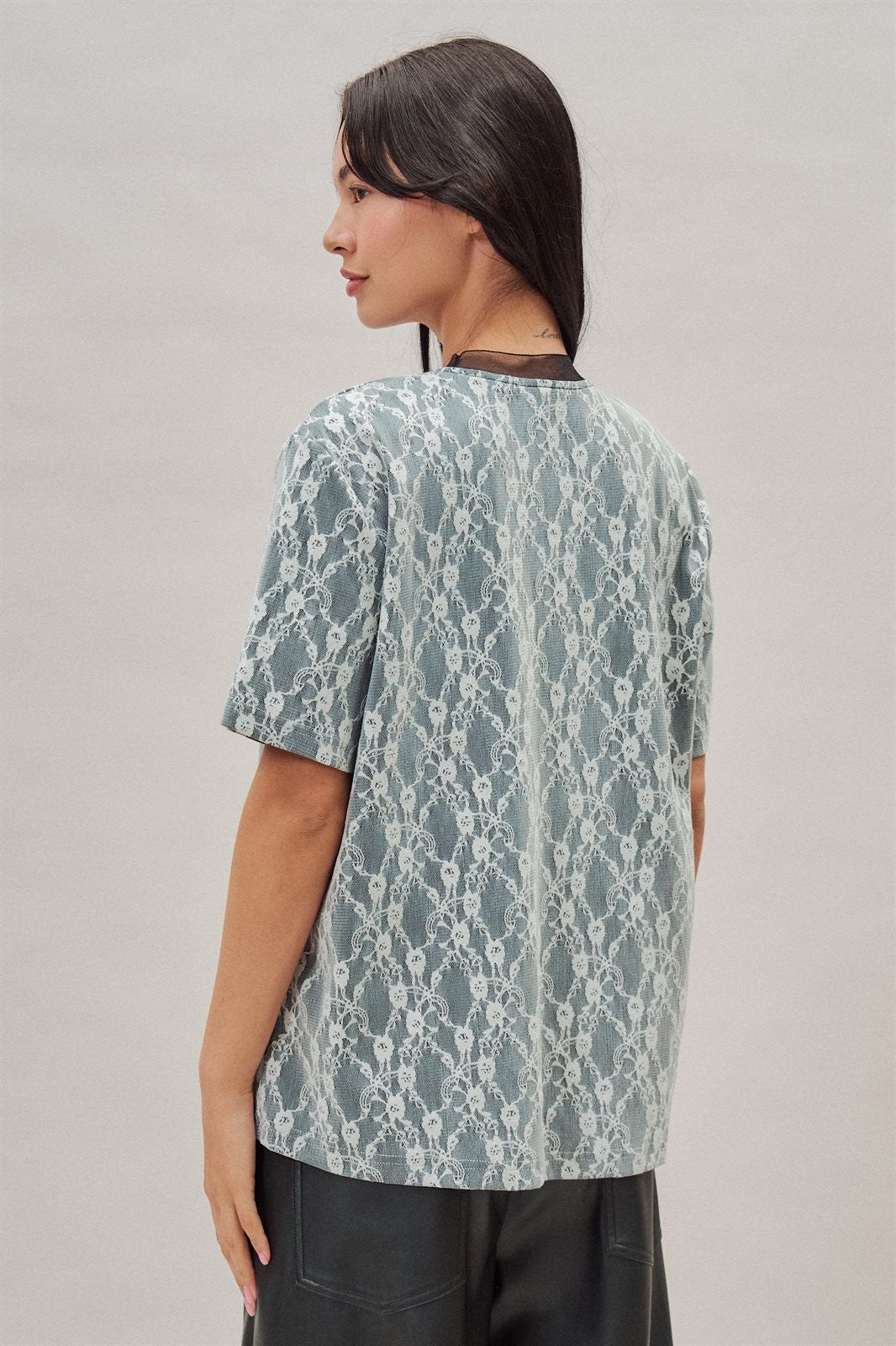 Floral Lace Overlay Boxy Tee with Contrast Mesh Neckline in Black - Women's Wholesale T-Shirts & Polos | Trend Notes