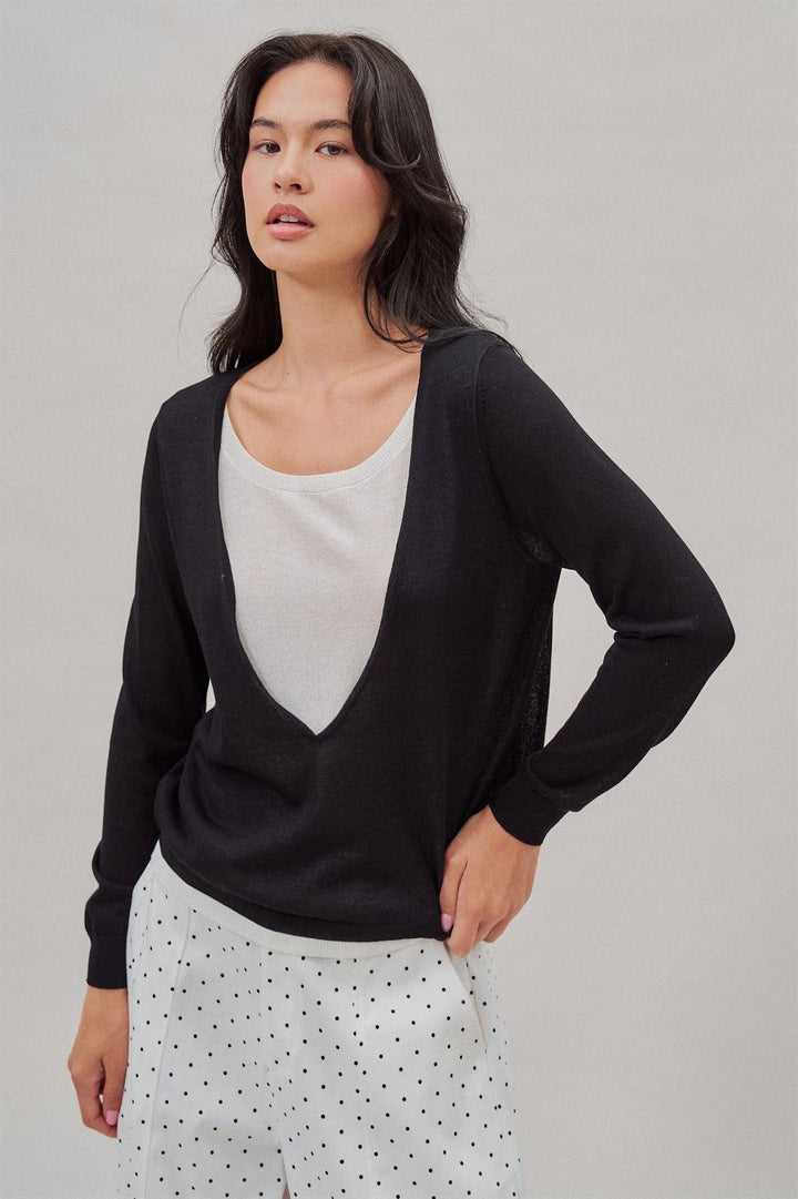 Fine Knit Plunge V Neck Long Sleeve Top in Black - Women's Wholesale T-Shirts & Polos | Trend Notes