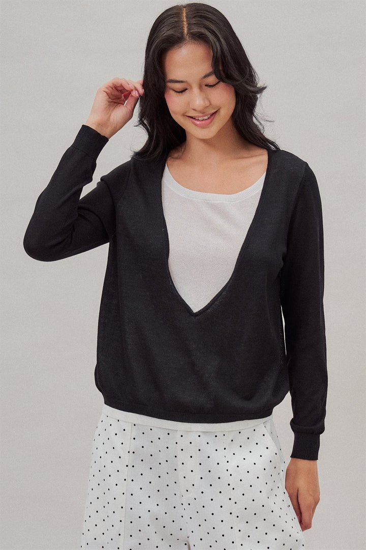 Fine Knit Plunge V Neck Long Sleeve Top in Black - Women's Wholesale T-Shirts & Polos | Trend Notes