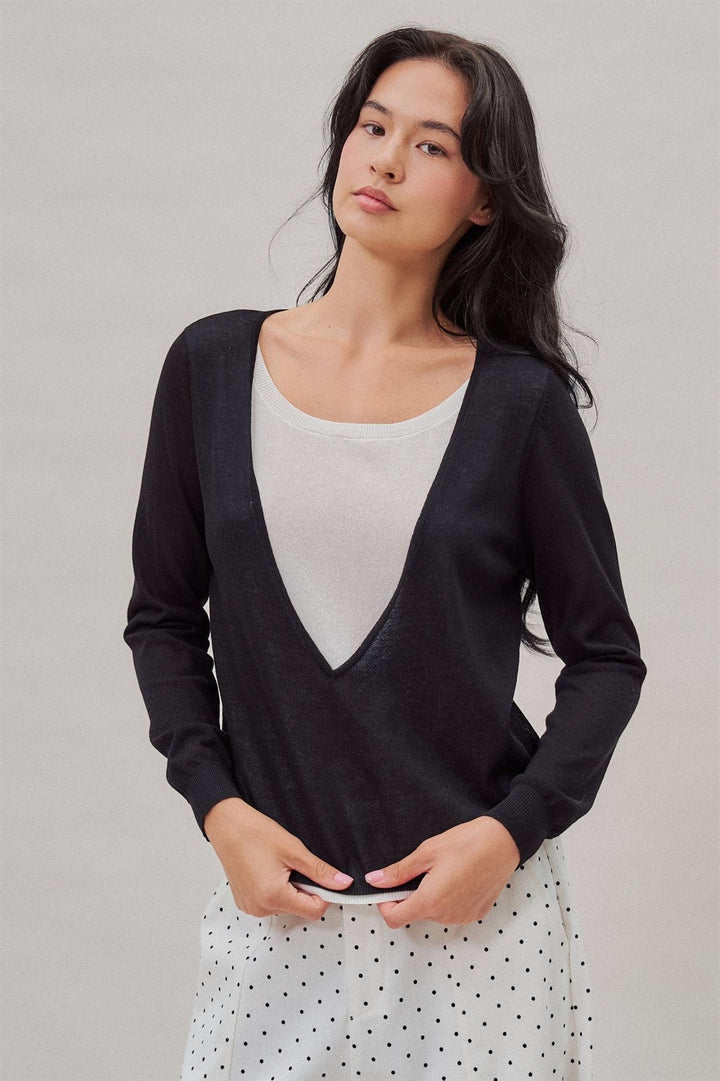 Fine Knit Plunge V Neck Long Sleeve Top in Black - Women's Wholesale T-Shirts & Polos | Trend Notes