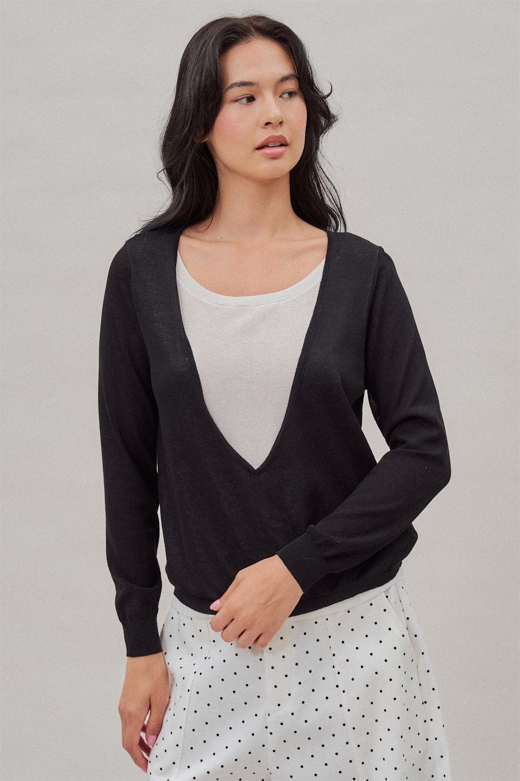 Fine Knit Plunge V Neck Long Sleeve Top in Black - Women's Wholesale T-Shirts & Polos | Trend Notes