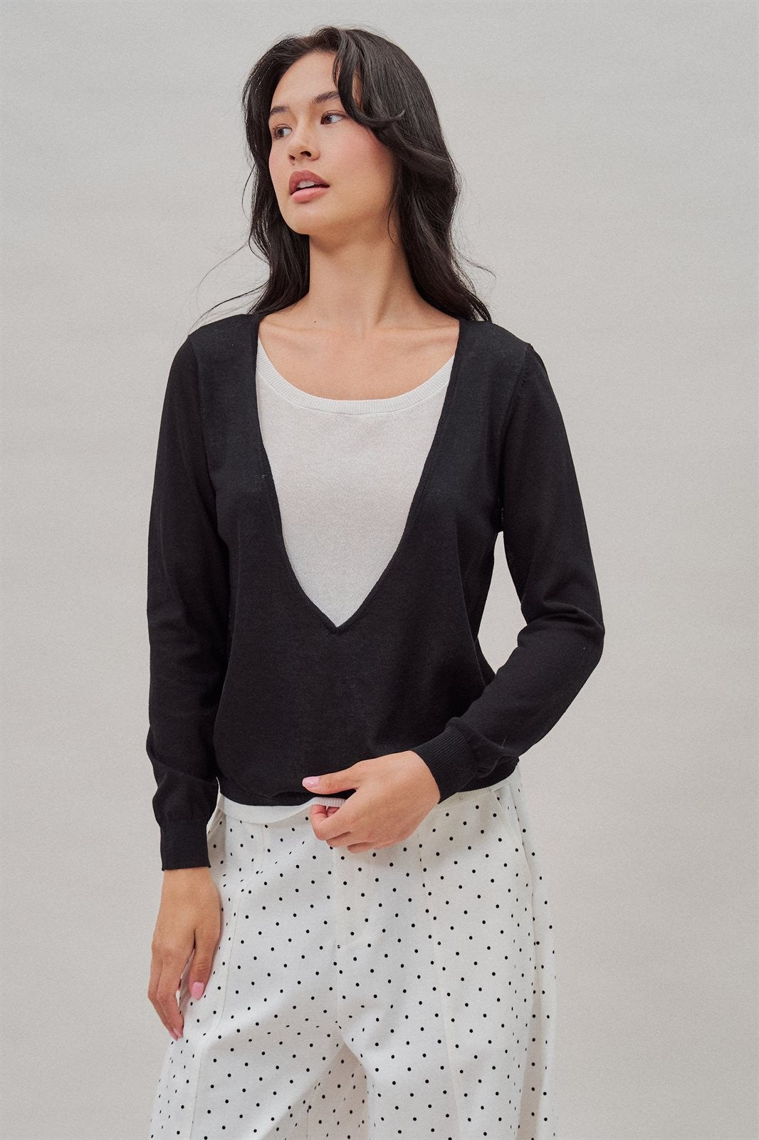 Fine Knit Plunge V Neck Long Sleeve Top in Black - Women's Wholesale T-Shirts & Polos | Trend Notes