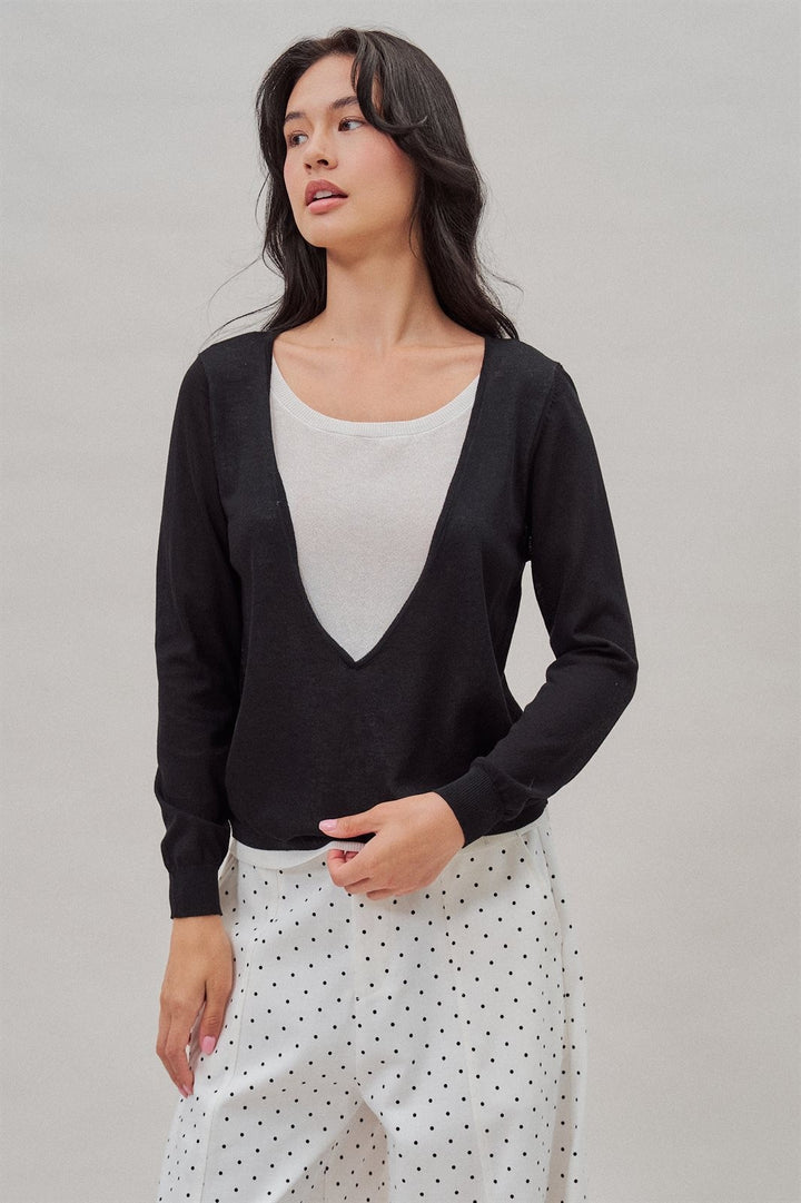 Fine Knit Plunge V Neck Long Sleeve Top in Black - Women's Wholesale T-Shirts & Polos | Trend Notes
