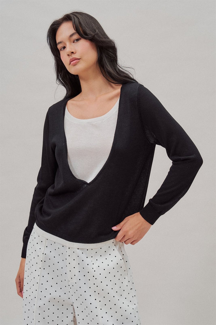 Fine Knit Plunge V Neck Long Sleeve Top in Black - Women's Wholesale T-Shirts & Polos | Trend Notes