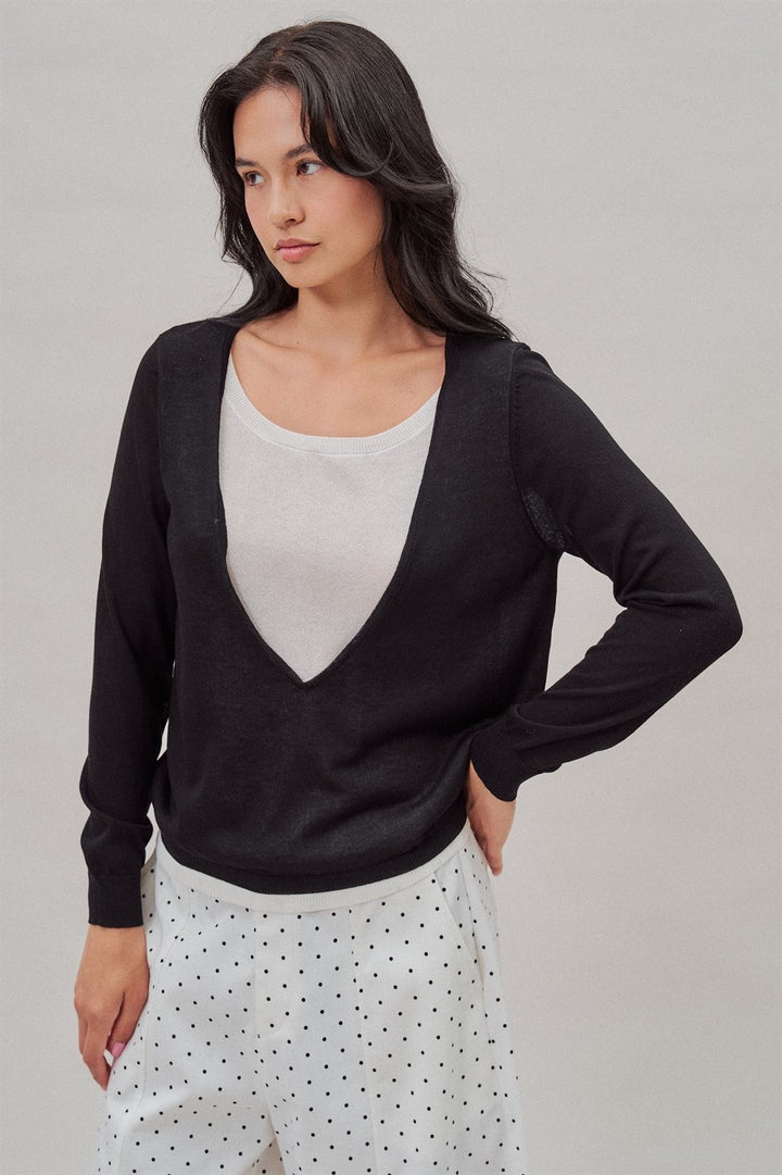 Fine Knit Plunge V Neck Long Sleeve Top in Black - Women's Wholesale T-Shirts & Polos | Trend Notes