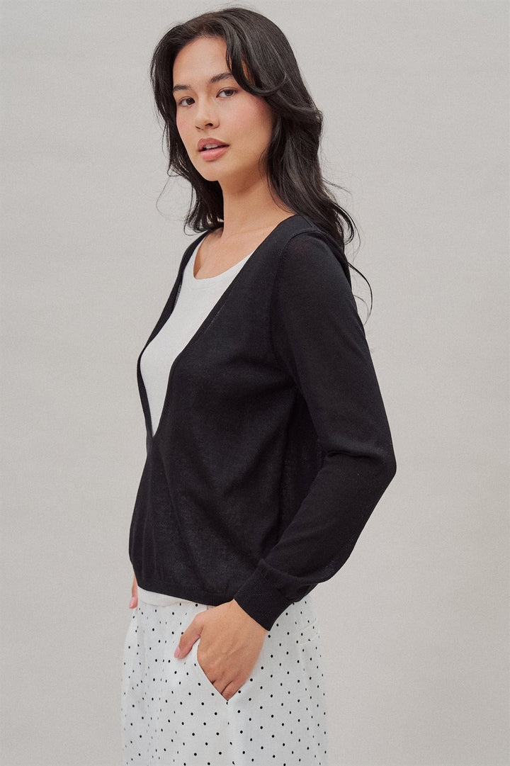 Fine Knit Plunge V Neck Long Sleeve Top in Black - Women's Wholesale T-Shirts & Polos | Trend Notes