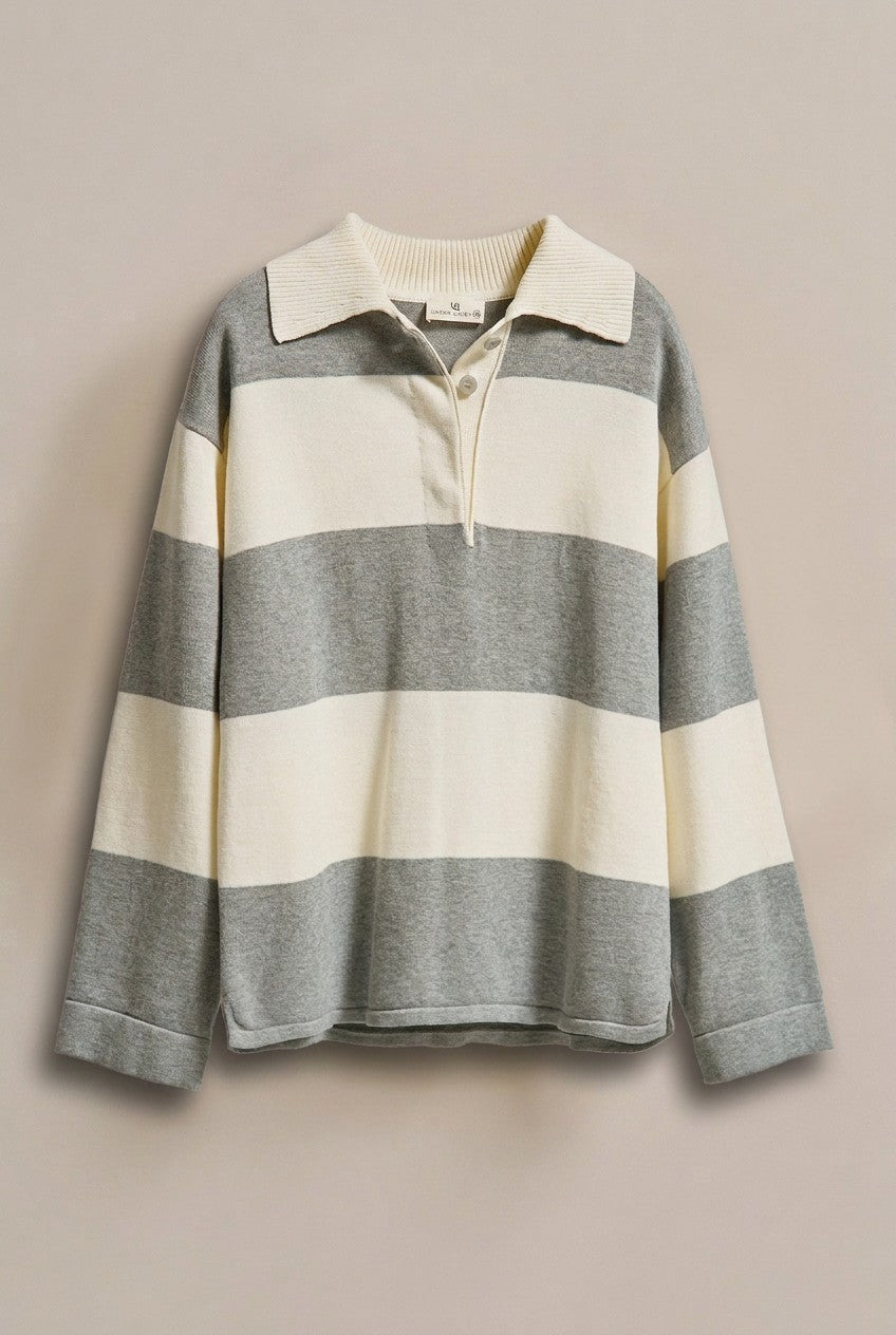 Striped Knit Rugby Polo Sweater  in Ivory Grey - Women's Wholesale Fashion | Trend Notes