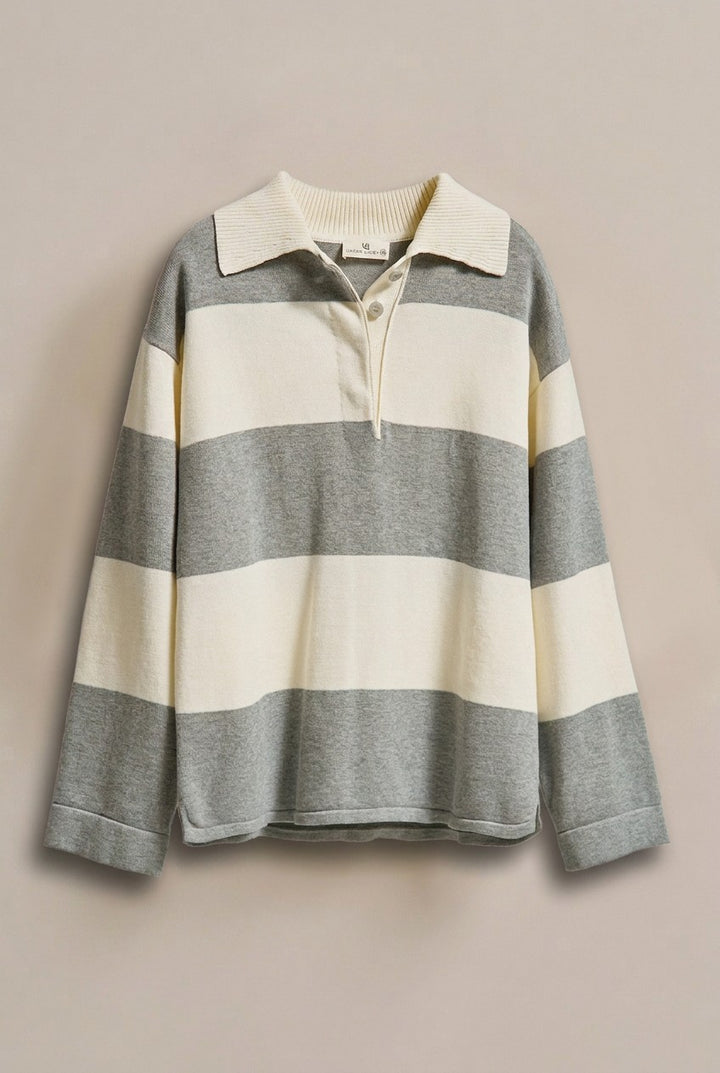 Striped Knit Rugby Polo Sweater  in Ivory Grey - Women's Wholesale Fashion | Trend Notes