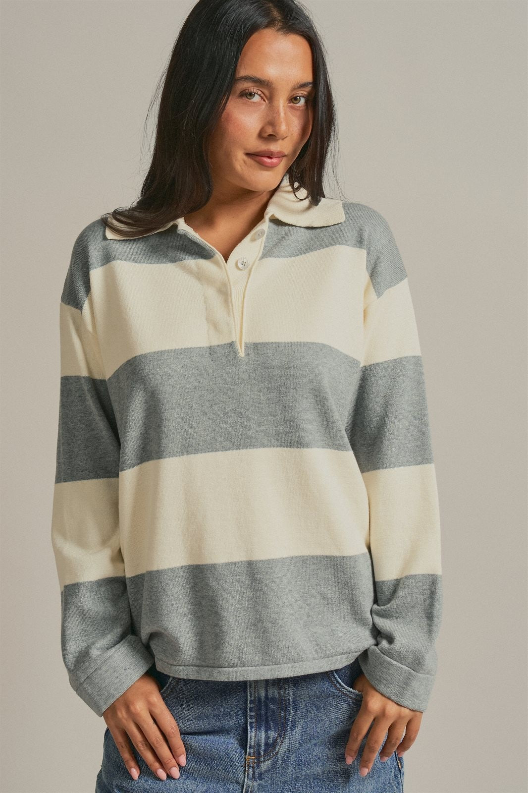 Striped Knit Rugby Polo Sweater  in Ivory Grey - Women's Wholesale Fashion | Trend Notes