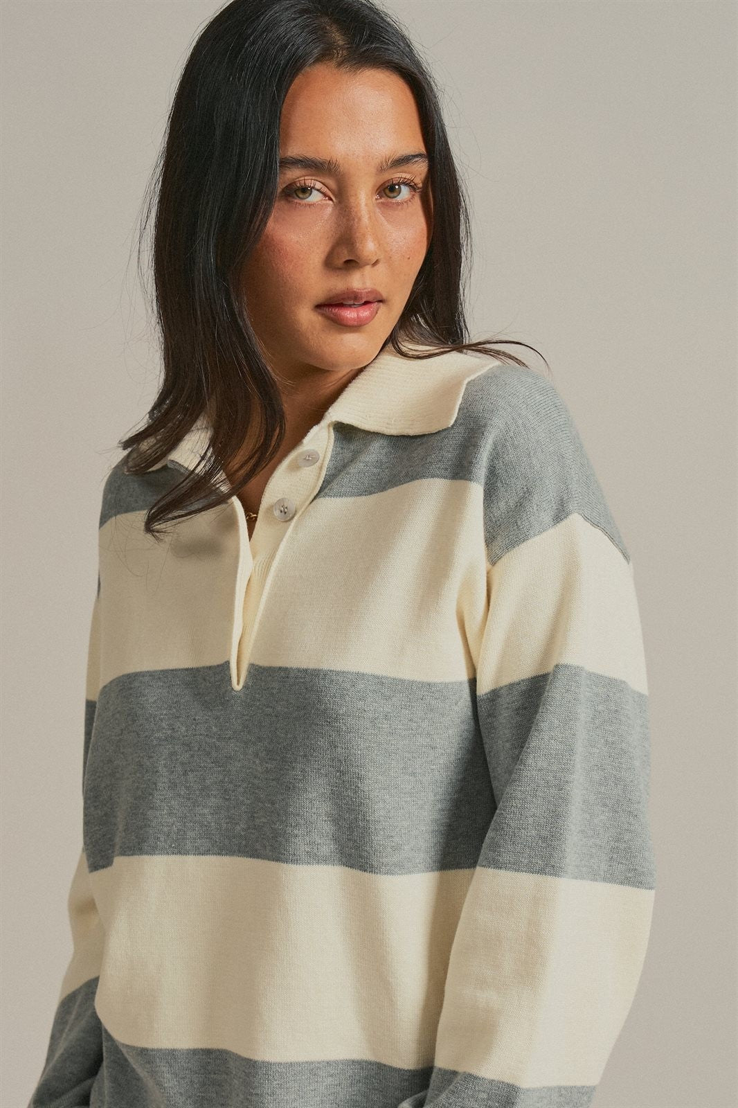 Striped Knit Rugby Polo Sweater  in Ivory Grey - Women's Wholesale Fashion | Trend Notes