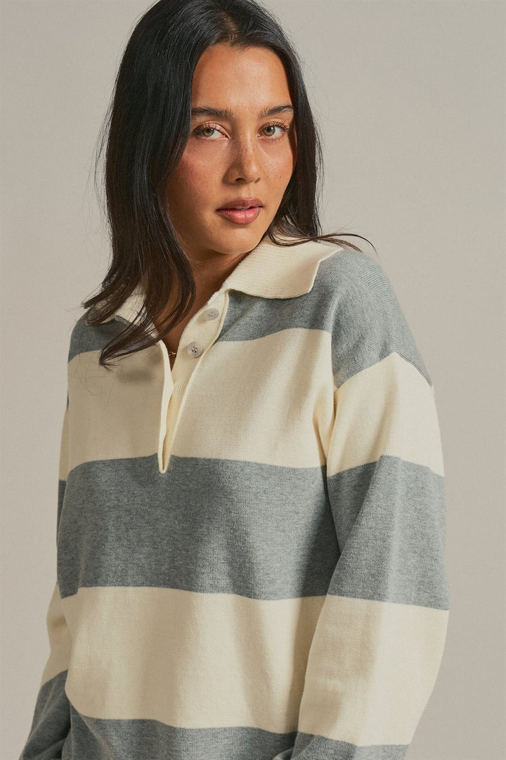 Striped Knit Rugby Polo Sweater  in Ivory Grey - Women's Wholesale Fashion | Trend Notes