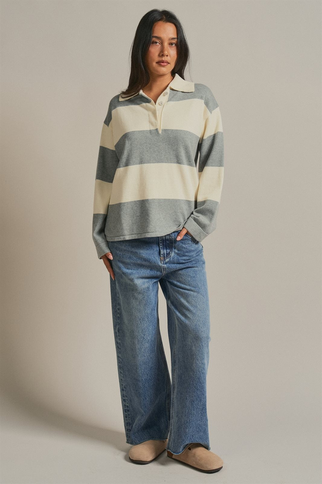 Striped Knit Rugby Polo Sweater  in Ivory Grey - Women's Wholesale Fashion | Trend Notes