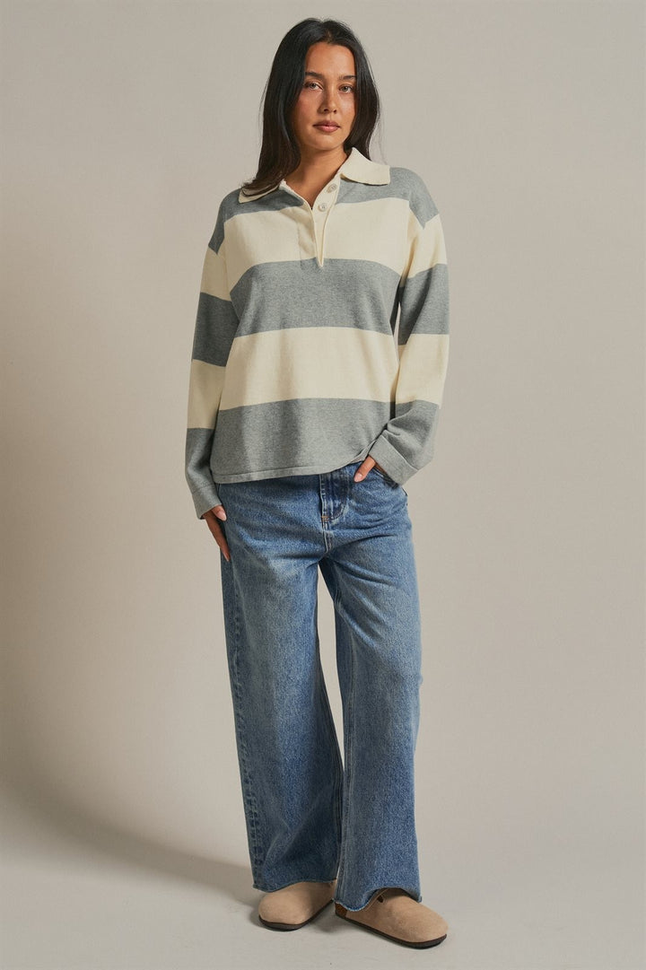 Striped Knit Rugby Polo Sweater  in Ivory Grey - Women's Wholesale Fashion | Trend Notes