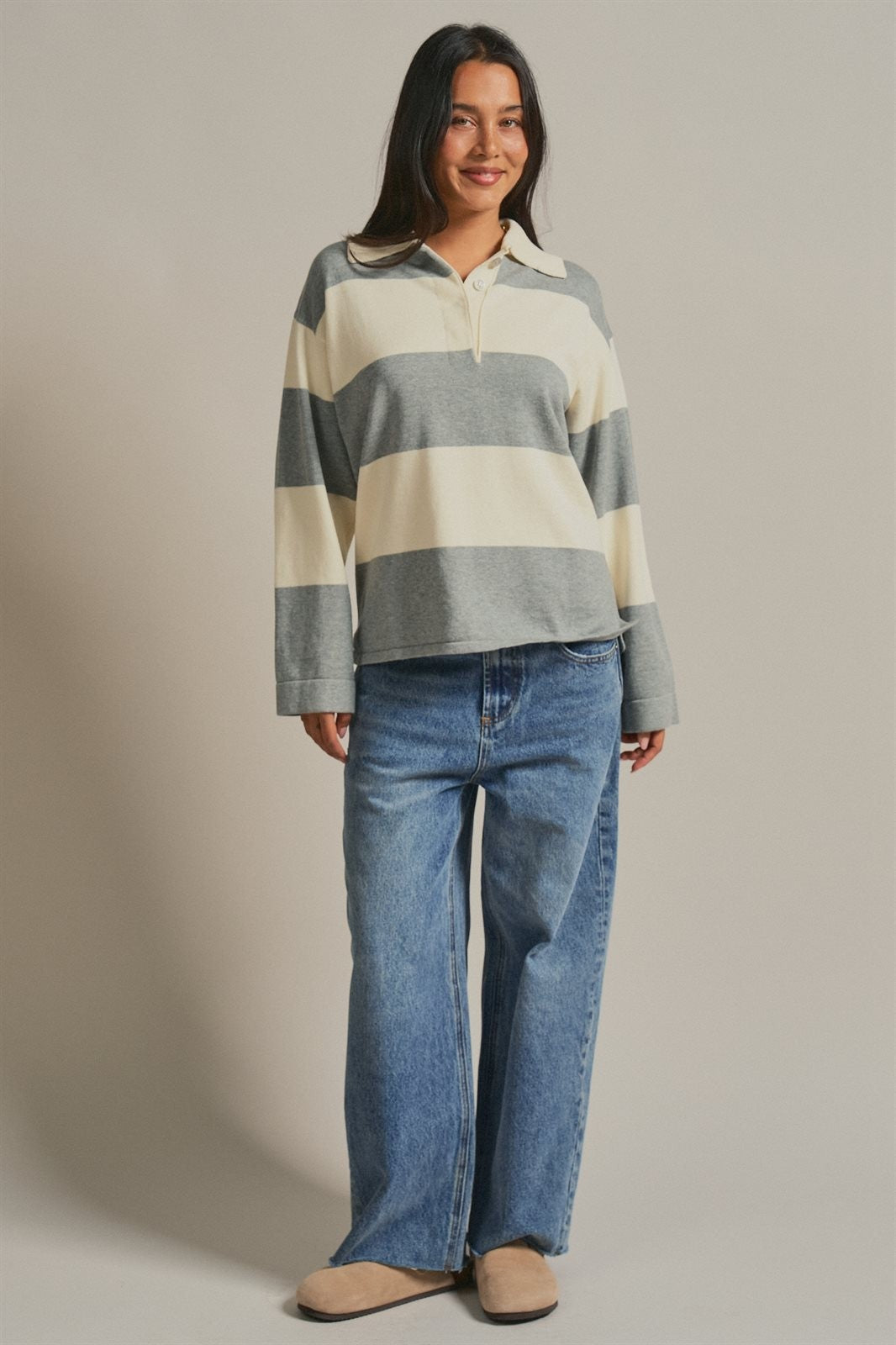 Striped Knit Rugby Polo Sweater  in Ivory Grey - Women's Wholesale Fashion | Trend Notes