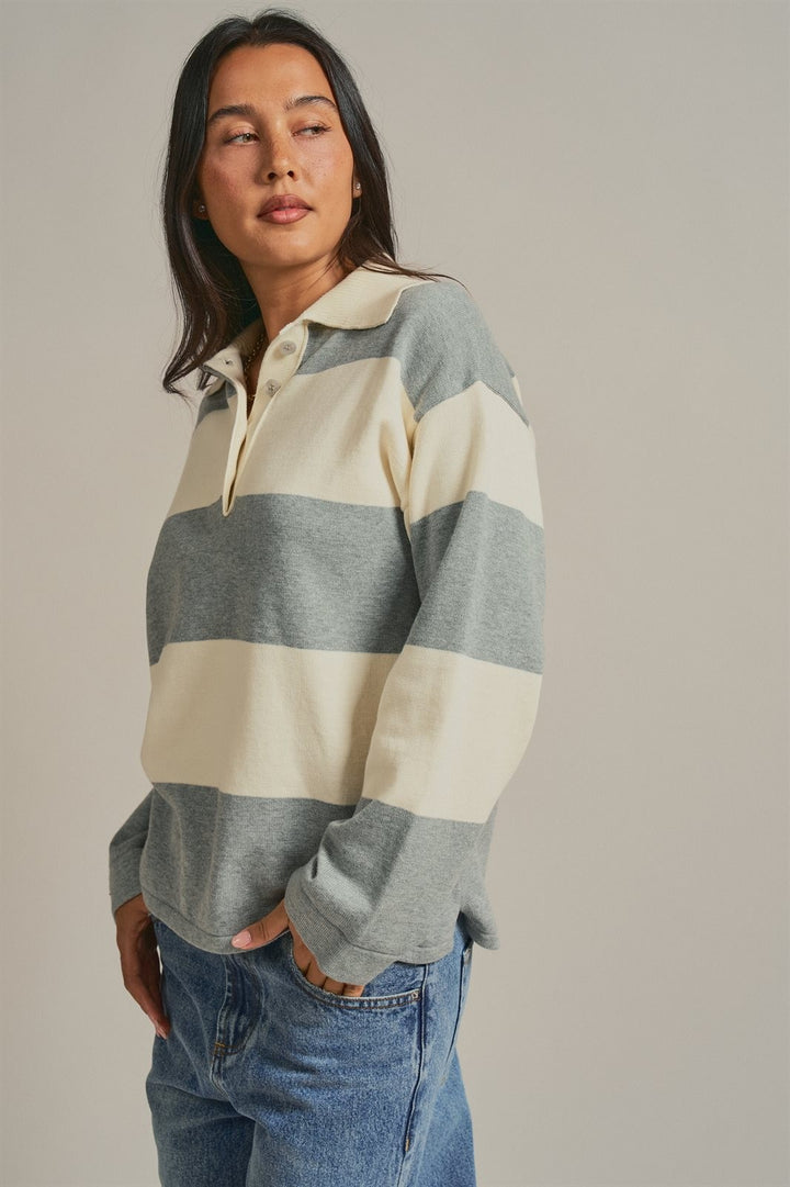 Striped Knit Rugby Polo Sweater  in Ivory Grey - Women's Wholesale Fashion | Trend Notes