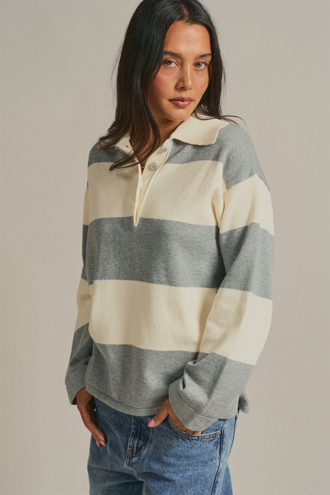 Striped Knit Rugby Polo Sweater  in Ivory Grey - Women's Wholesale Fashion | Trend Notes