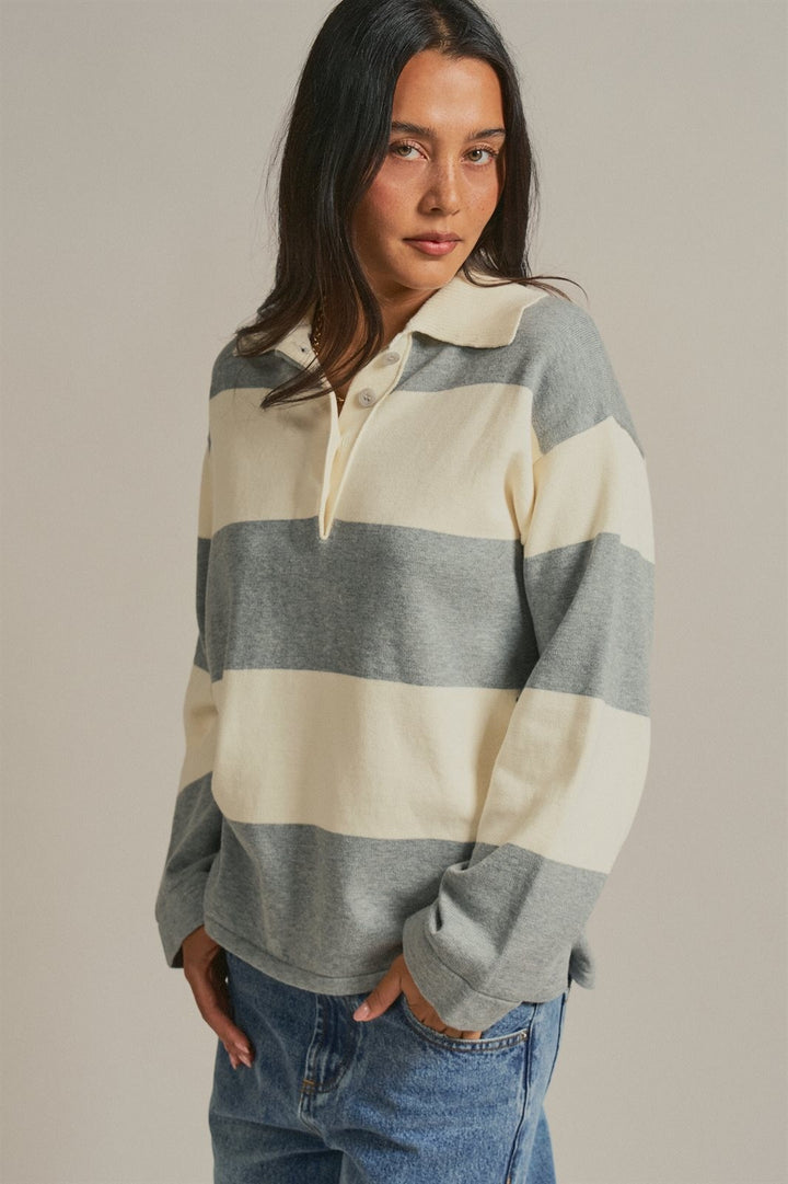 Striped Knit Rugby Polo Sweater  in Ivory Grey - Women's Wholesale Fashion | Trend Notes